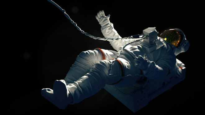Spaceman on a black background hovering in an outer space. Astronaut in a space