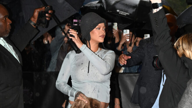 Rihanna at The Carlyle Hotel before the 2025 Met Gala: "Superfine: Tailoring Black Style" held at the Metropolitan Museum of Art on May 5, 2025 in New York, New York. (Photo by Steve Eichner/WWD via Getty Images)