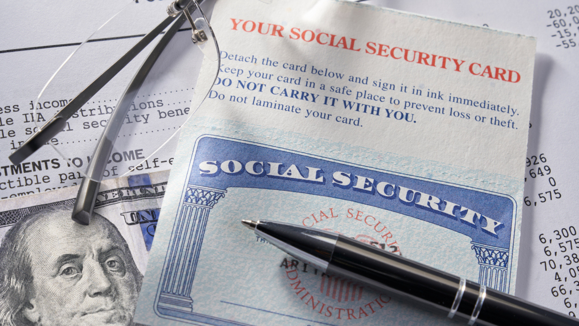 Social Security Card with calculator and money