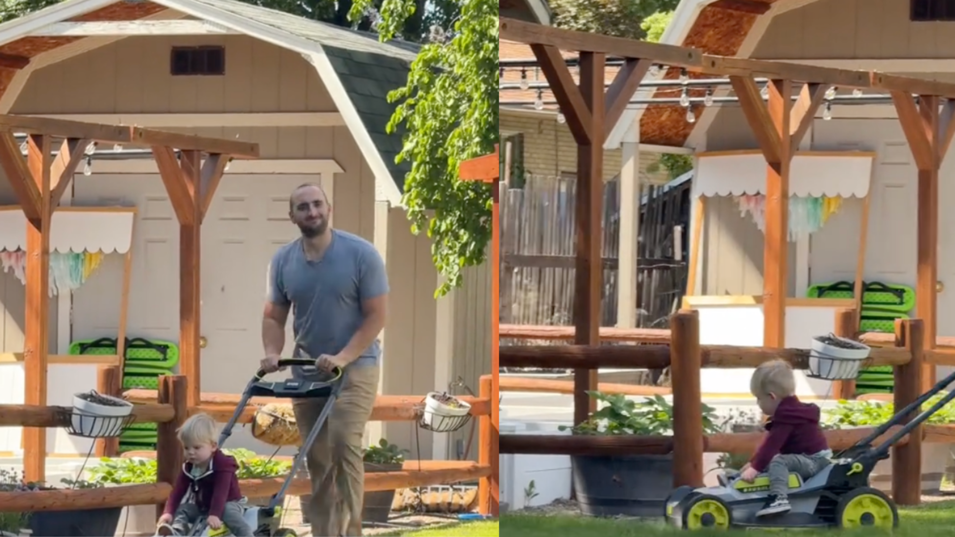 Child riding lawn mower