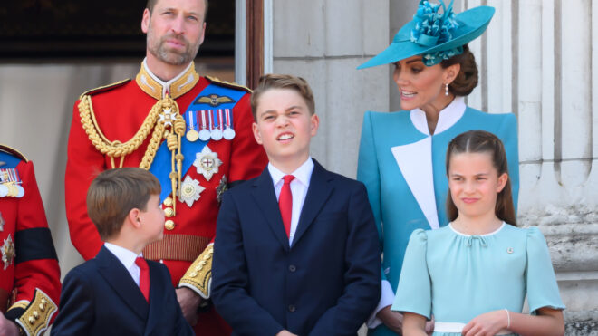 LONDON, ENGLAND - JUNE 14: Prince Louis of Wales, Prince William, Prince of Wales, Prince George of Wales, Catherine, Princess of Wales and Princess Charlotte of Wales on the balcony of Buckingham Palace during Trooping The Colour 2025 on June 14, 2025 in London, England. Trooping The Colour is a ceremonial parade celebrating the official birthday of the British Monarch. The event features over 1,400 soldiers and officers, accompanied by 200 horses. More than 400 musicians from ten different bands and Corps of Drums march and while performing. (Photo by Karwai Tang/WireImage)