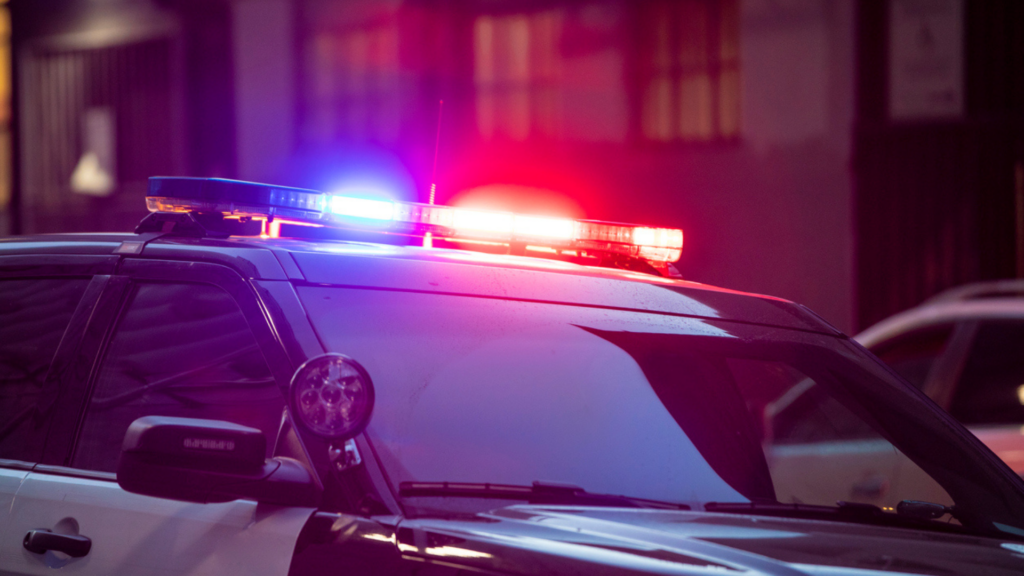 black and white police car with blue and red lights on top