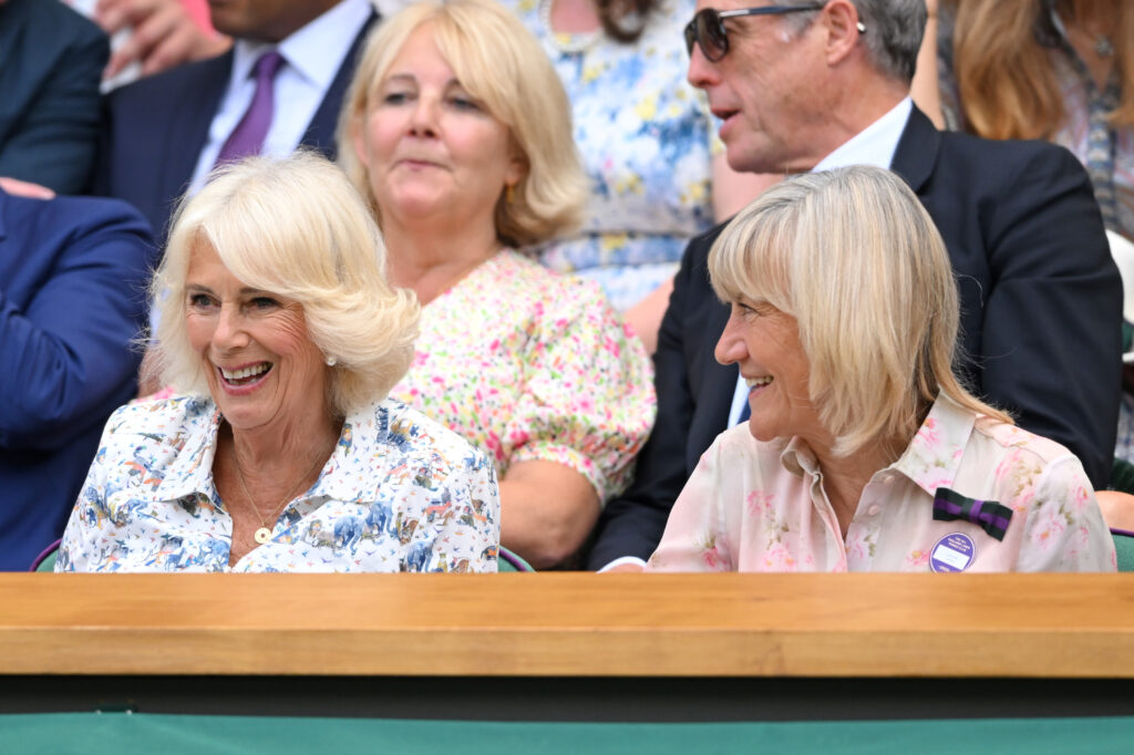 LONDON, ENGLAND - JULY 09: Queen Camilla and Debbie Jevans attend day ten of the Wimbledon Tennis Championships at the All England Lawn Tennis and Croquet Club on July 09, 2025 in London, England.  (Photo by Karwai Tang/WireImage)
