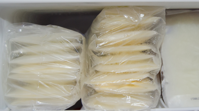 expressed breast milk bags in the freezer