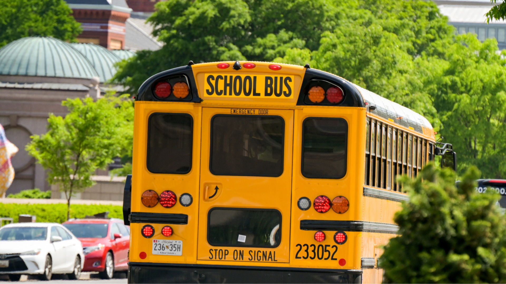 back of yellow school bus as it drives down a city street