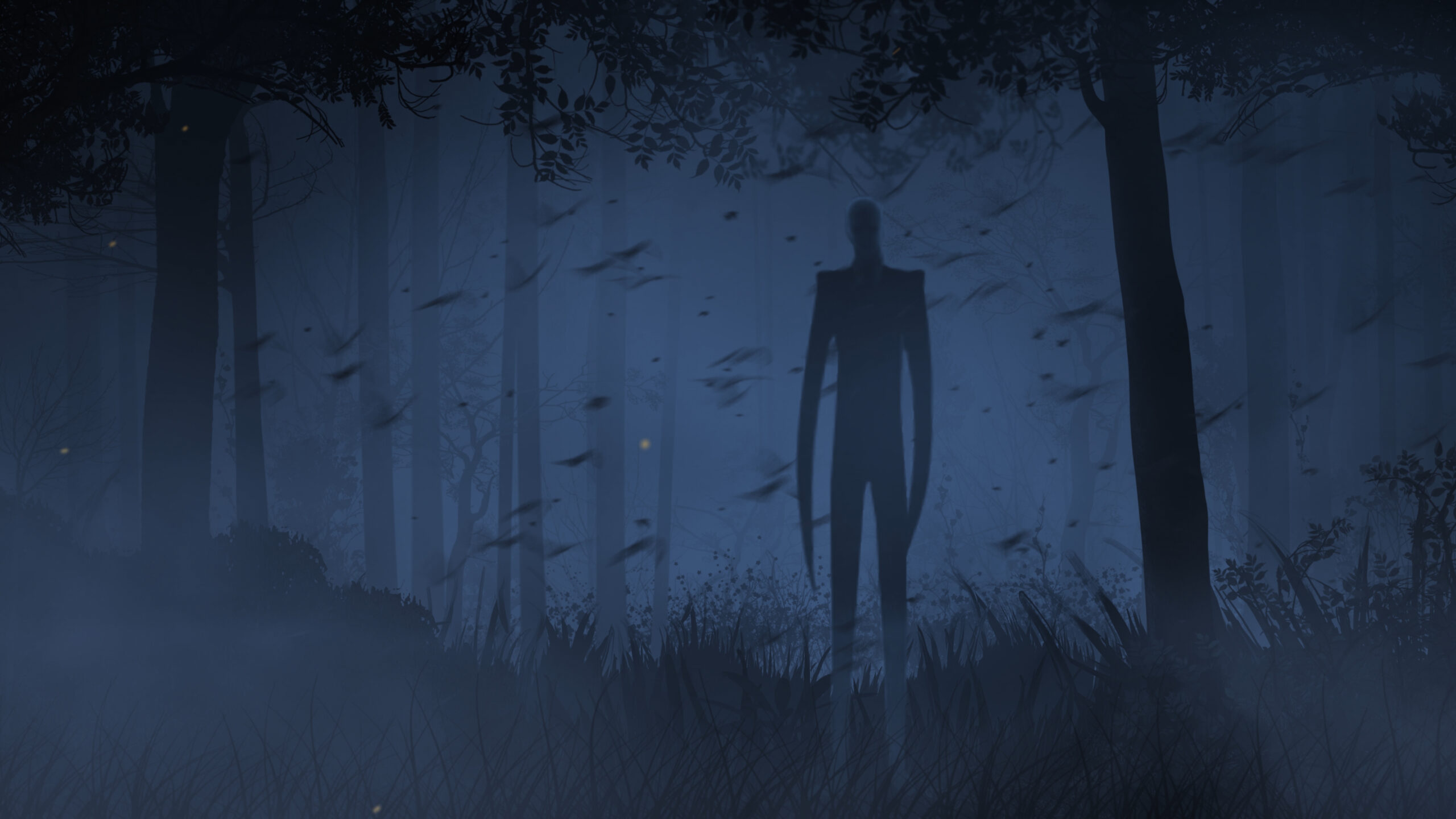 Slenderman Slender Creature in Foggy Forest with Bats features a dark forest with a slenderman creature with bats flying.