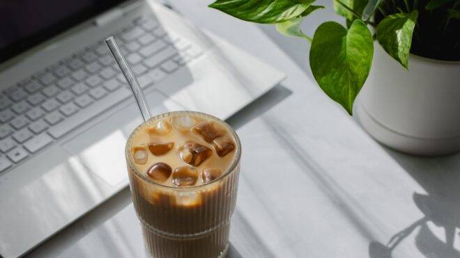 iced coffee with glass straw