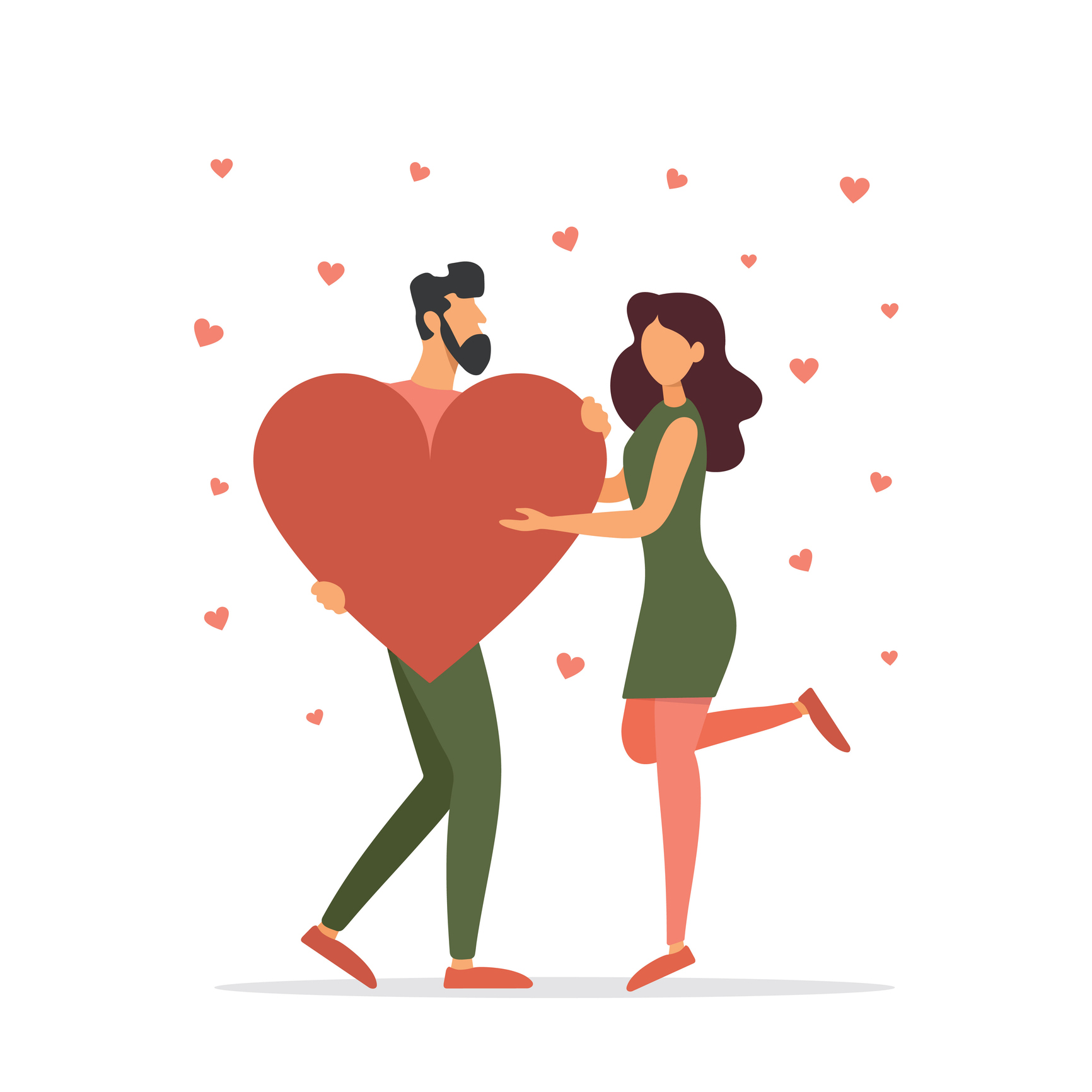 People celebrate Valentine's Day. Loving couple with a heart in their hands. Vector illustration.
