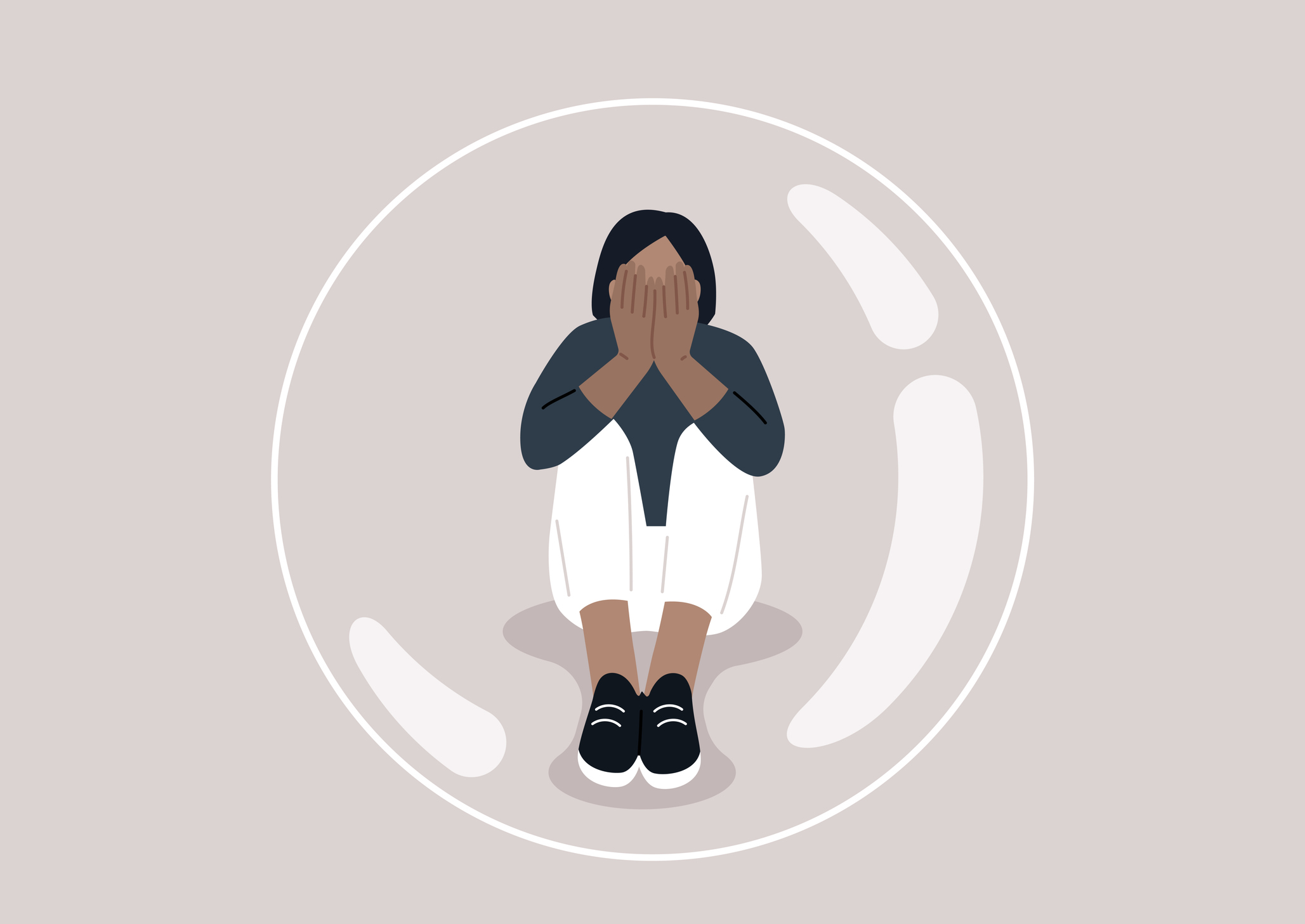 A young character trapped alone inside a transparent bubble, their head in hands, their body language expressing immense sadness and desperate loneliness