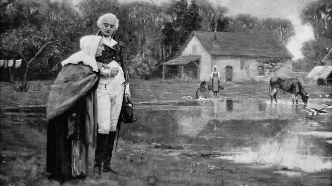 George Washington and His Mother by Louis Édouard Fournier (circa 19th century). Vintage etching circa late 19th century.