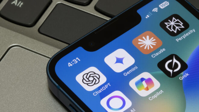 Portland, OR, USA - May 2, 2025: Assorted AI apps, including ChatGPT, Gemini, Claude, Perplexity, Meta AI, Microsoft Copilot, and Grok, are seen on the screen of an iPhone.