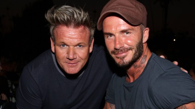 Gordon Ramsey and David Beckham posing for a photo together in 2016 at a Cinespia event at Hollywood Forever Cemetery