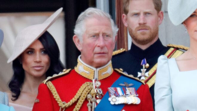 Meghan Markle, King Charles, and Prince Harry at the Trooping the Colour 2018 ceremony in London, England