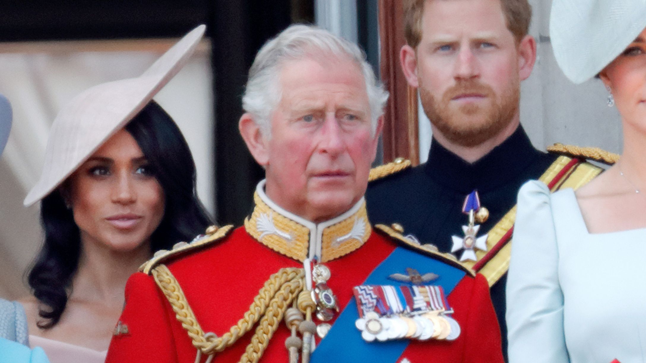 Meghan Markle, King Charles, and Prince Harry at the Trooping the Colour 2018 ceremony in London, England