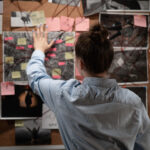 Private detective looking attentively at investigation board, back view.