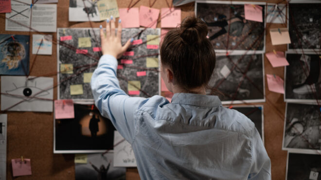 Private detective looking attentively at investigation board, back view. Copy space