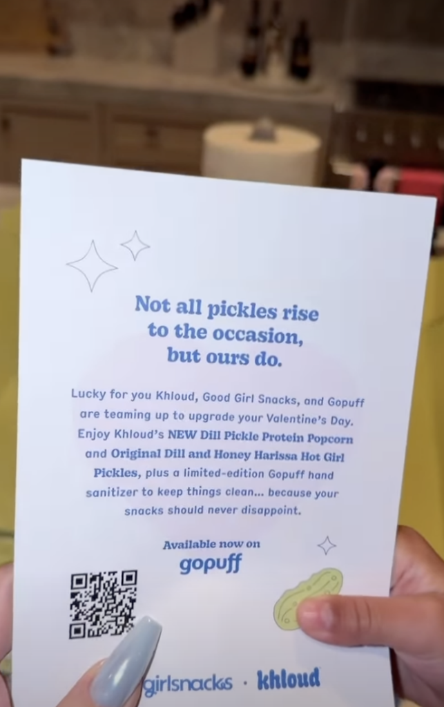 Insert inside Khloé Kardashian's Khloud Foods Dill Pickle Popcorn PR box