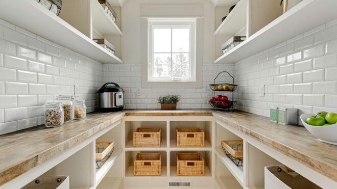 A modern style white and organized walk-in pantry