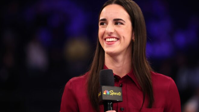 Caitlin Clark talks on stage as she joins NBC’s Sunday Night Basketball
