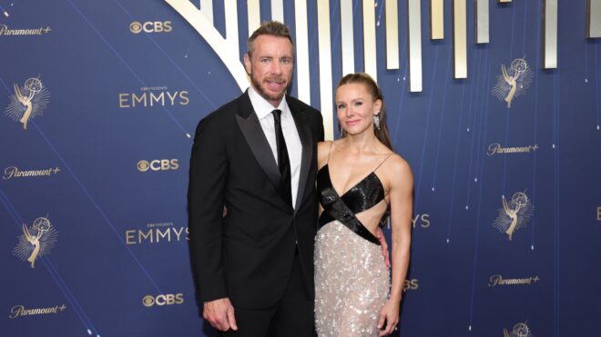 Dax Shepard and Kristen Bell attend the 77th Primetime Emmy Awards at Peacock Theater on September 14, 2025