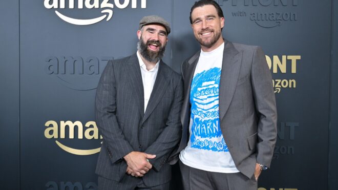 Jason Kelce and Travis Kelce attend Amazon's Upfront 2025 Presentation at Beacon Theatre
