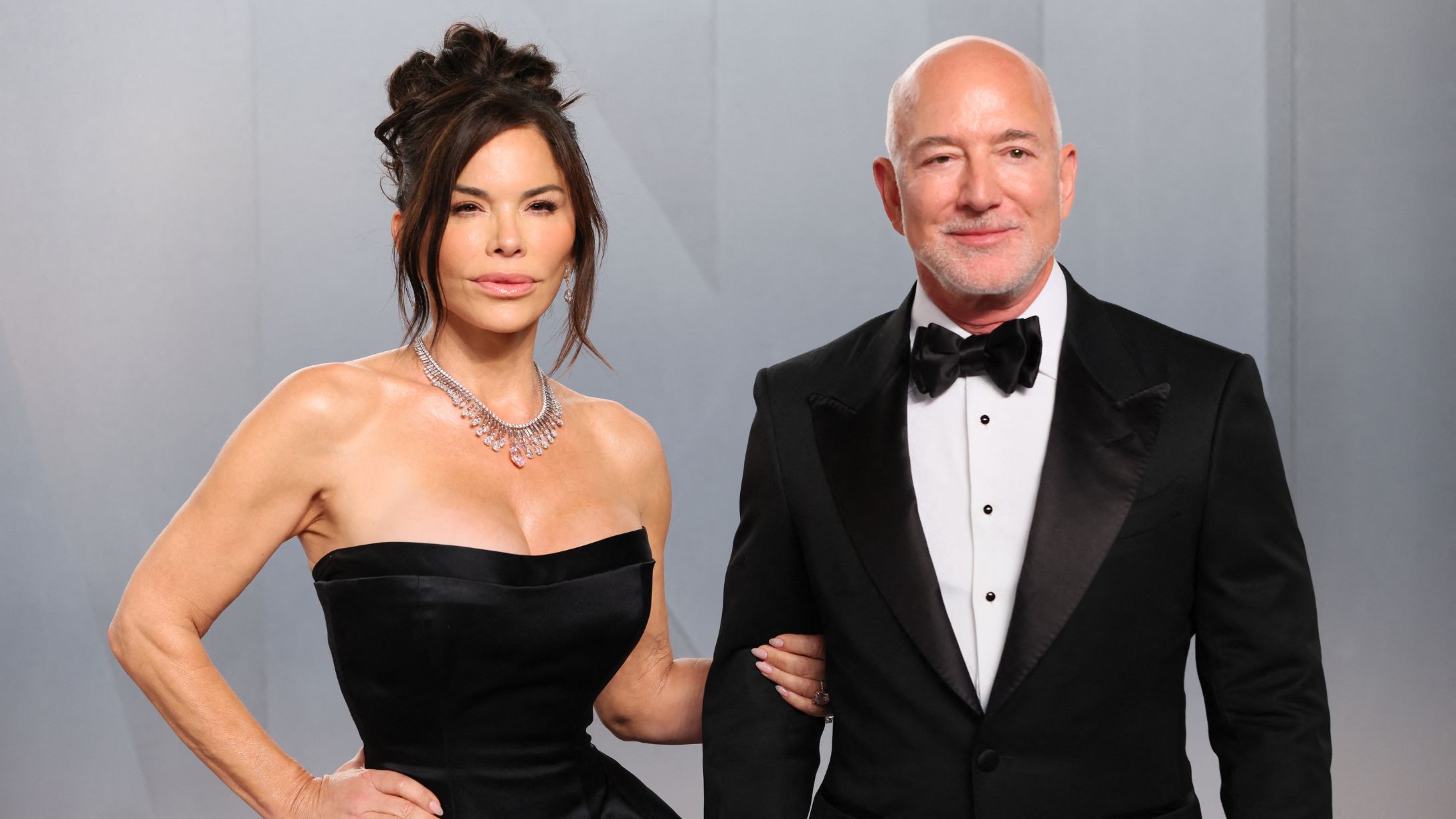 Lauren Sanchez and US Amazon's founder Jeff Bezos attends the Vanity Fair Oscar Party at the Los Angeles County Museum of Art (LACMA) in Los Angeles on March 15, 2026.