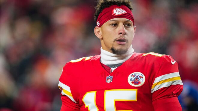 Patrick Mahomes #15 of the Kansas City Chiefs warms up prior to an NFL football game