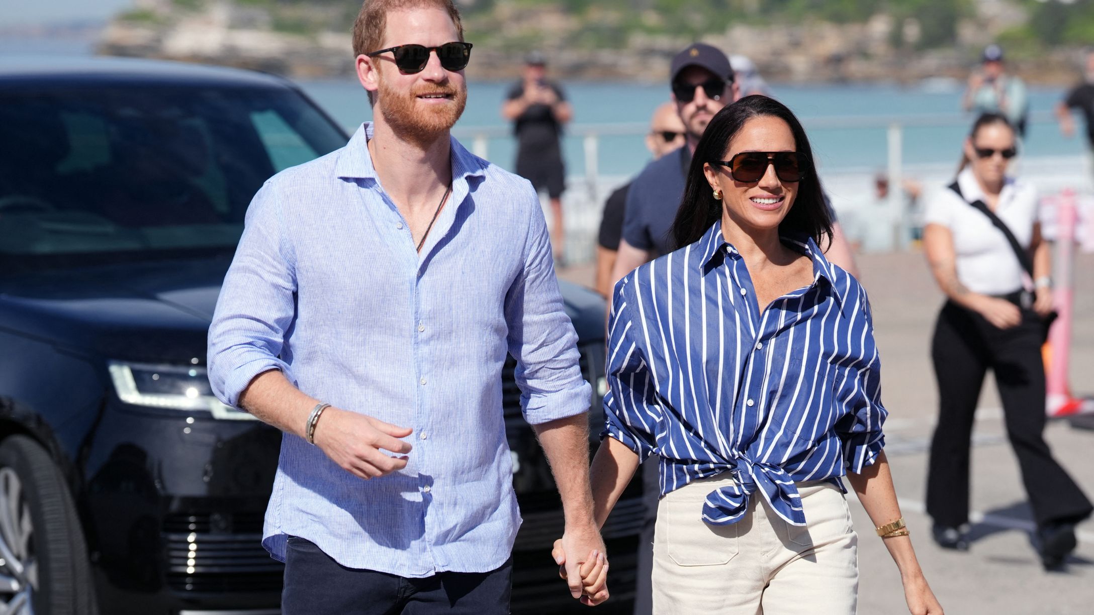 Prince Harry his wife Meghan arrive to meet with volunteer first responders from Bondi Surf Bathers' Life Saving Club at Bondi Beach