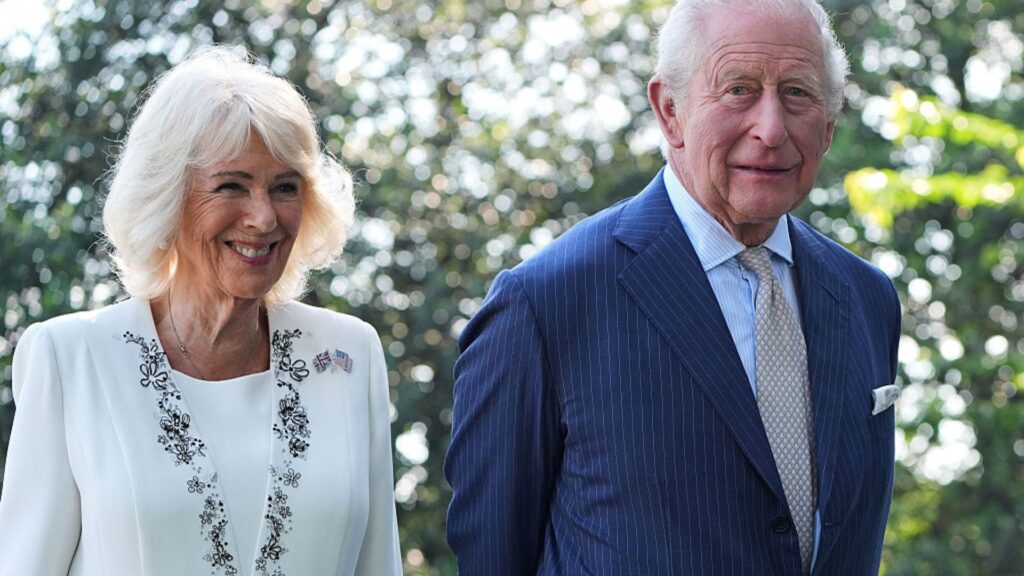 Queen Camilla and King Charles visit the White House garden and bee hive on the South Lawn of the White House in April 2026