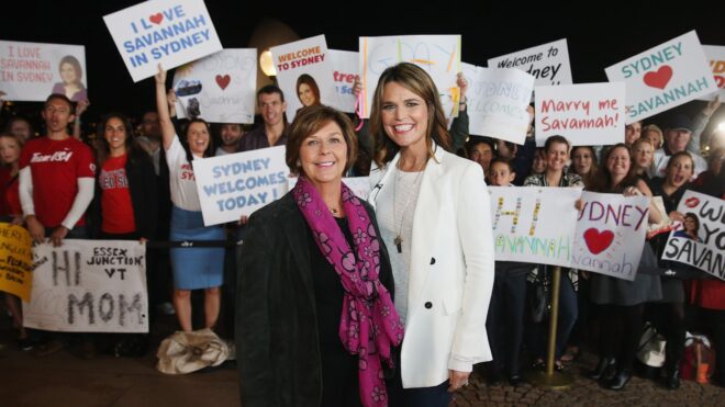 Savannah Guthrie poses alongside her mother Nancy Guthrie during a production break whilst hosting NBC's Today Show live from Australia in 2015
