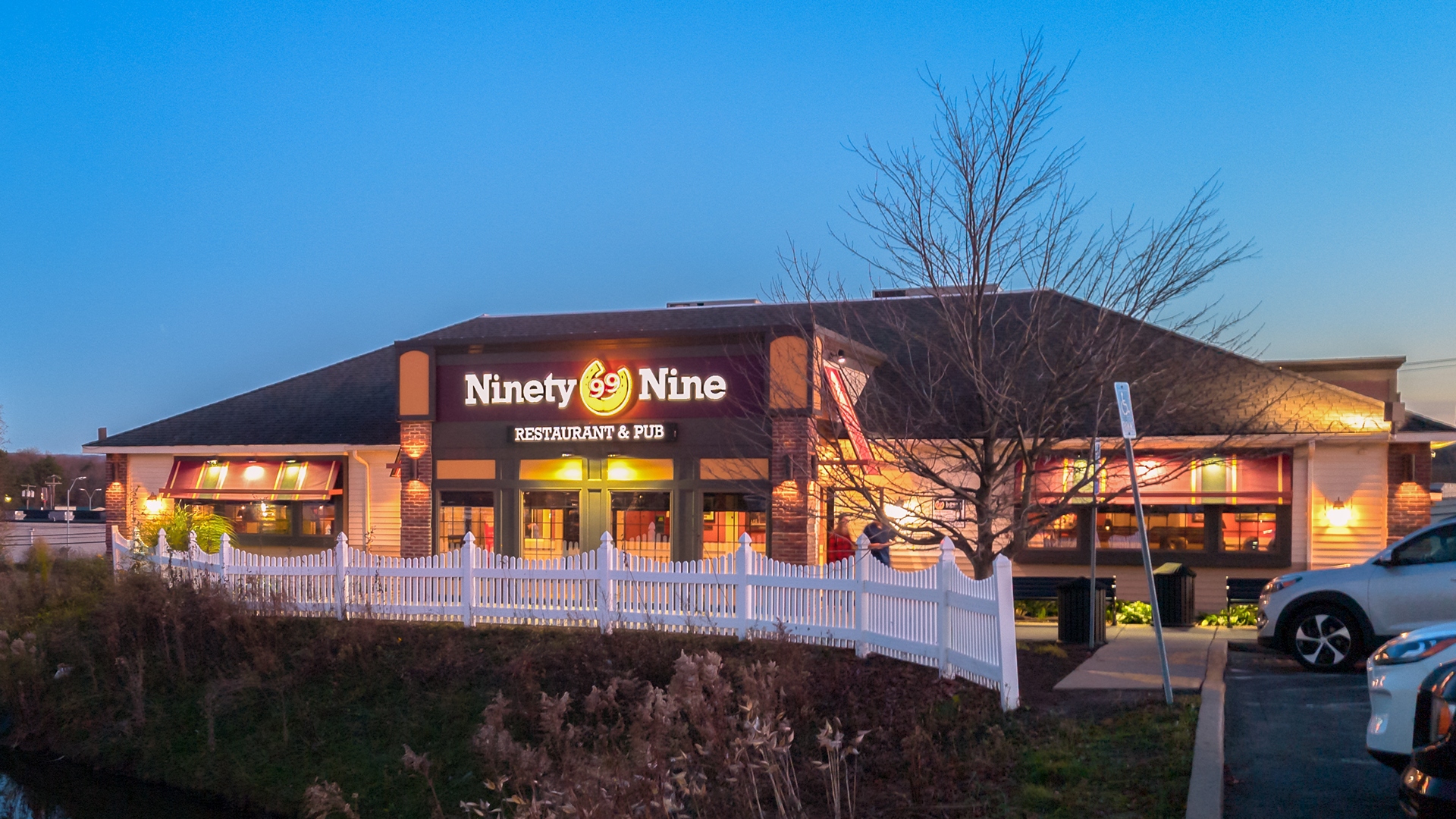 New Hartford, New York - Nov 10, 2022: Landscape Night View of Ninety Nine Restaurant & Pub.