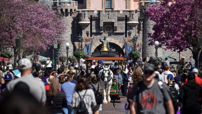 Brother, a Shire draft horse, heads south on Main Street U.S.A. at Disneyland