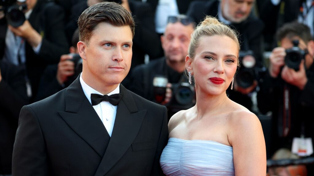 Colin Jost and Scarlett Johansson attend the Vie Priv&eacute;e (A Private Life) red carpet at the 78th annual Cannes Film Festival in 2025