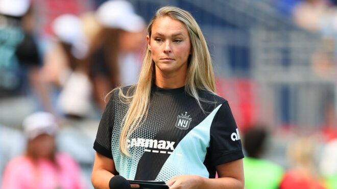 Kylie Kelce talks to the crowd prior to the NWSL game in 2025
