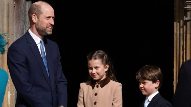 Prince William, Princess Charlotte, and Prince Louis arrive to attend the 2026 Easter Matins Service at St George's Chapel in 2026