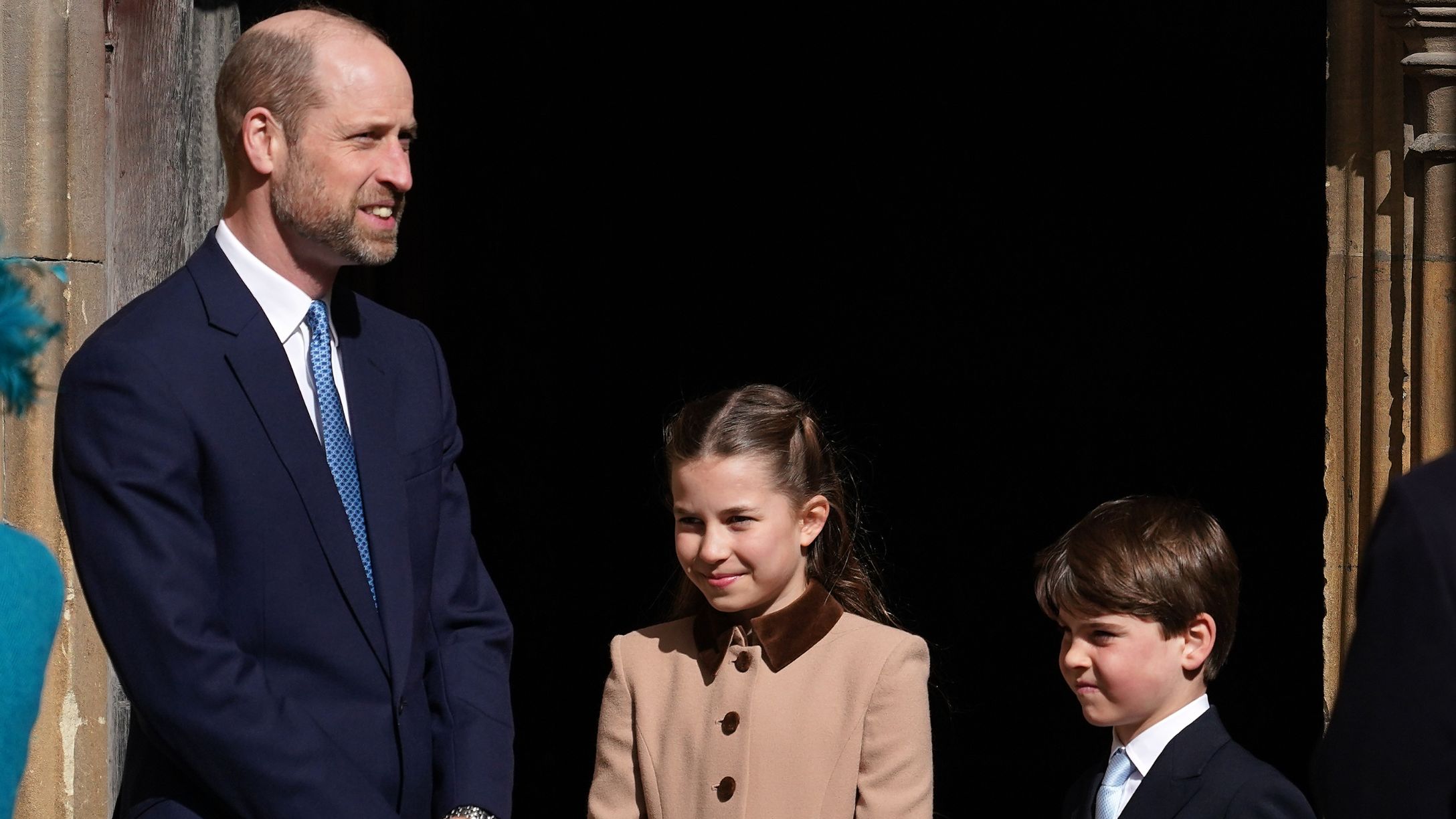 Prince William, Princess Charlotte, and Prince Louis arrive to attend the 2026 Easter Matins Service at St George's Chapel in 2026