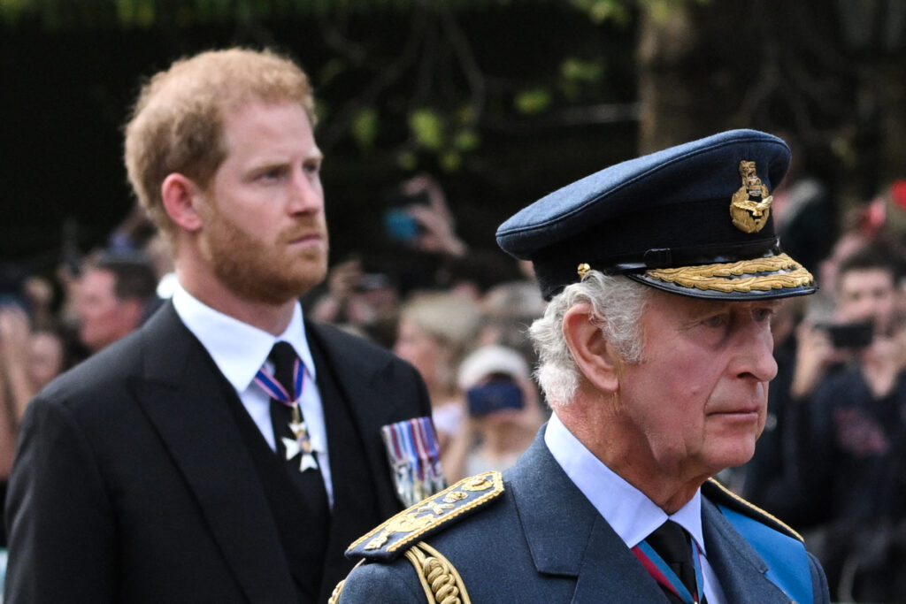 Britain's King Charles III and Britain's Prince Harry, Duke of Sussex walk behind the coffin of Queen Elizabeth II, adorned with a Royal Standard and the Imperial State Crown and pulled by a Gun Carriage of The King's Troop Royal Horse Artillery, during a procession from Buckingham Palace to the Palace of Westminster, in London on September 14, 2022. Queen Elizabeth II will lie in state in Westminster Hall inside the Palace of Westminster, from Wednesday until a few hours before her funeral on Monday, with huge queues expected to file past her coffin to pay their respects.