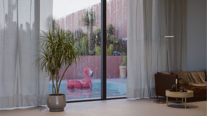 Glass doors inside a condo looking out onto a rainy pool with a floatie inside