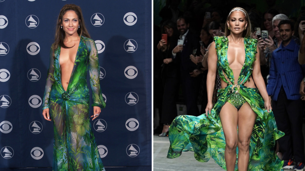 Jennifer Lopez at the 2000 Grammys red carpet, and Lopez at the Spring 2020 Versace fashion show