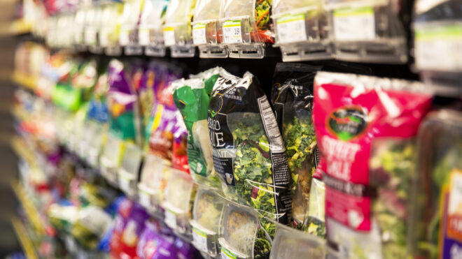 Food and beverage products in plastic packaging shot in a supermarket
