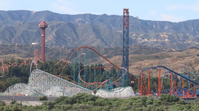 A wide shot of the rollercoasters at Six Flags
