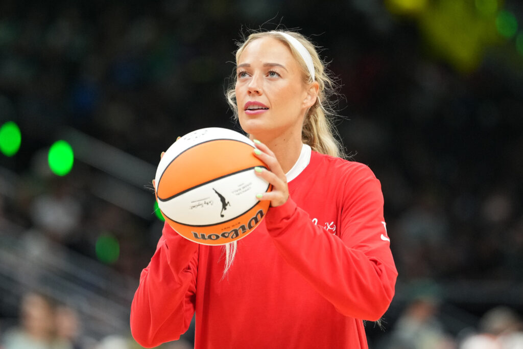 Sophie Cunningham #8 of the Indiana Fever warms up before the game against the Seattle Storm at Climate Pledge Arena on July 28, 2026 in Seattle, Washington