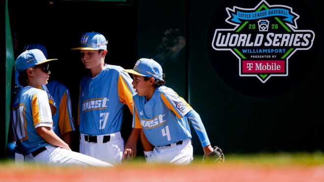 Players wait to take the field during the 2026 Little League World Series game